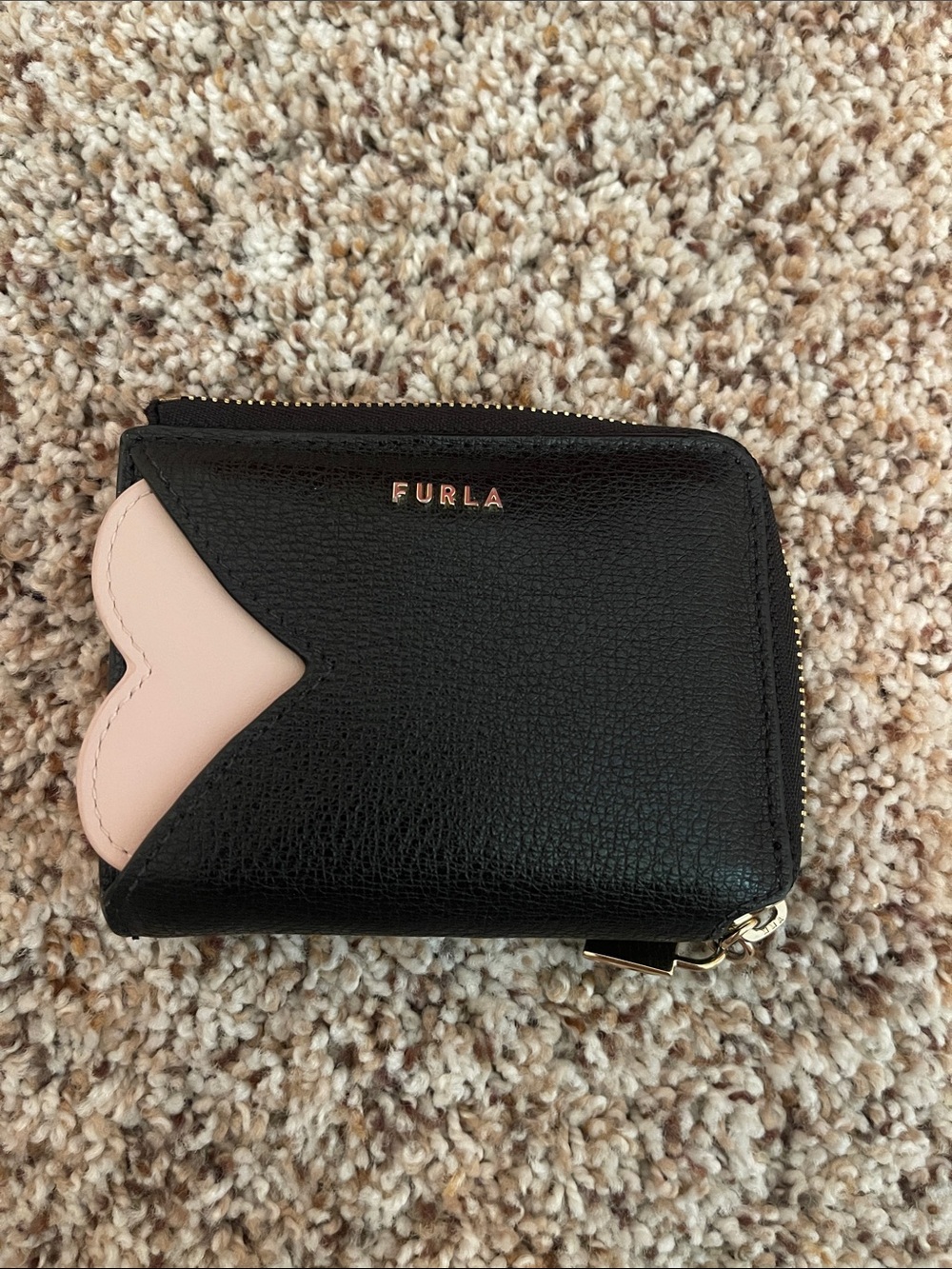 Furla Black Leather Zip Wallet with Pale Pink Accent